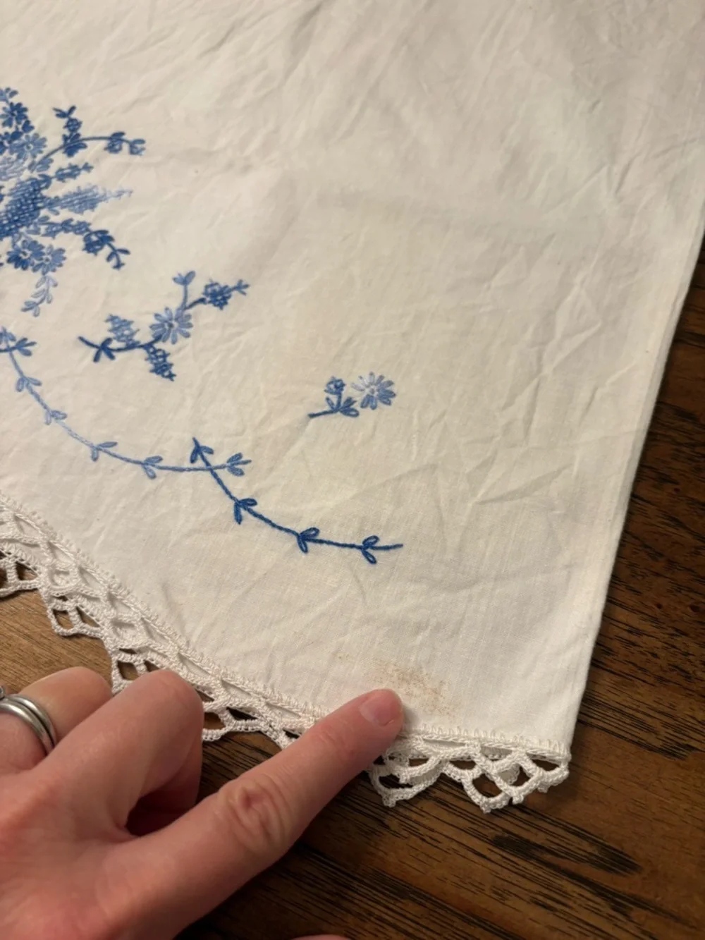 Pair Vintage Hand Embroidered Cotton Pillowcases Blue Floral Cottage Heirloom